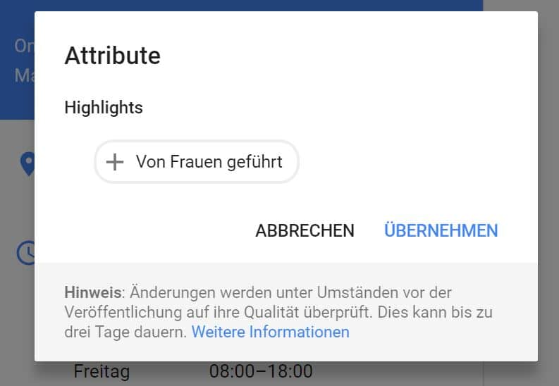 Weiterer Google My Business Screenshot zur Auszeichnung von Frauen geführt