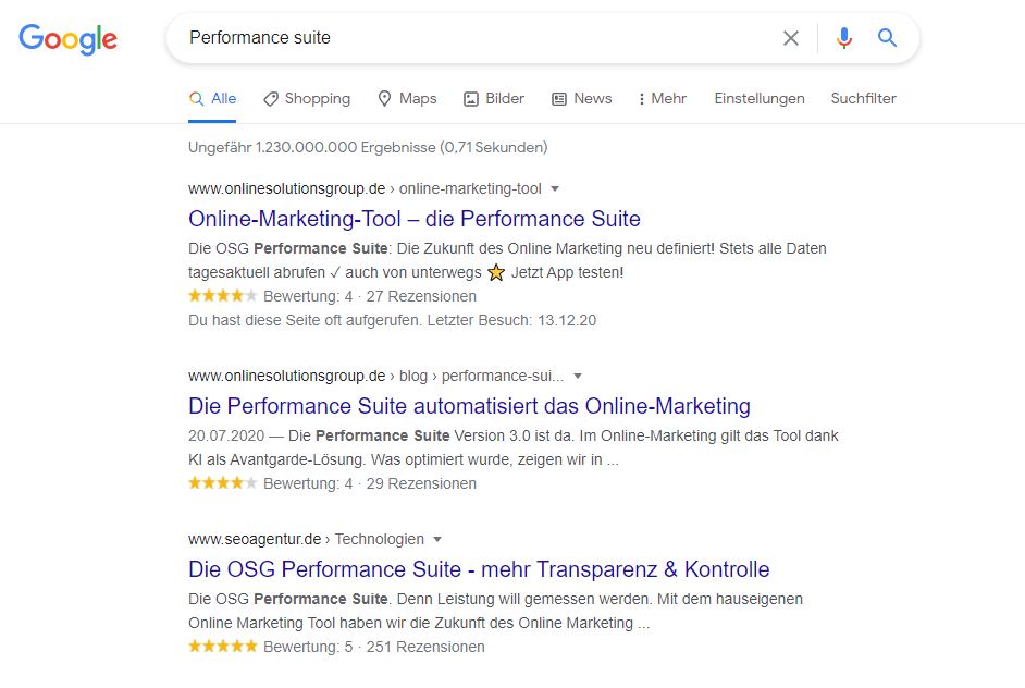 Google Suchergebnisse Performance Suite