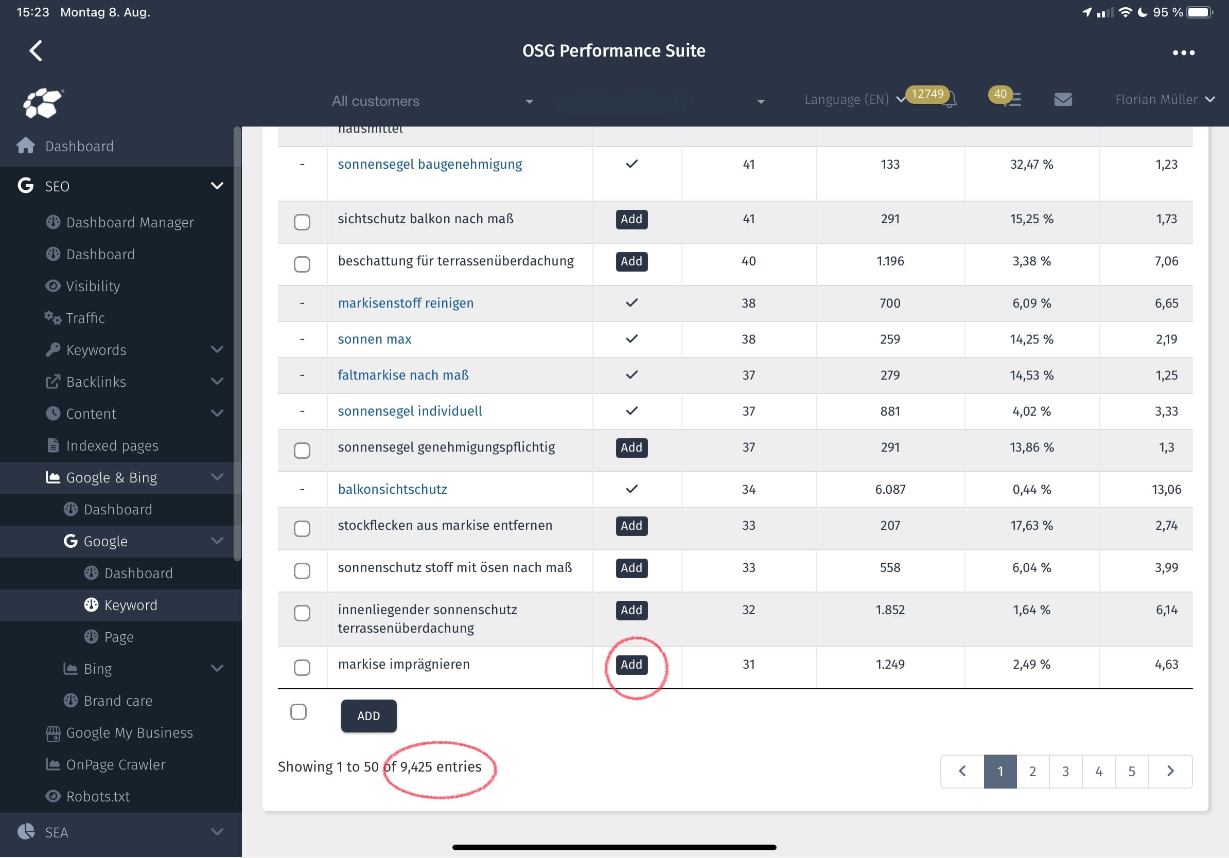 Copyright © OSG | Über die Verbindung zur Seach Console erhalten Sie noch mehr Keyword-Ideen, die Sie speichern können.