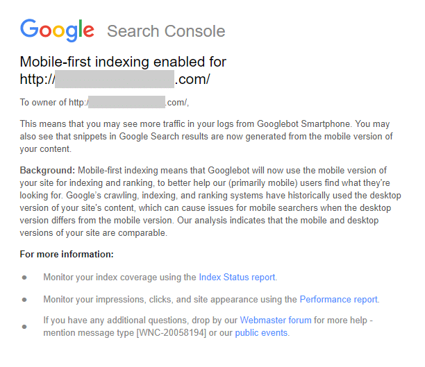 Google versendet weitere Mails zur Verschiebung in den Mobile First Index.