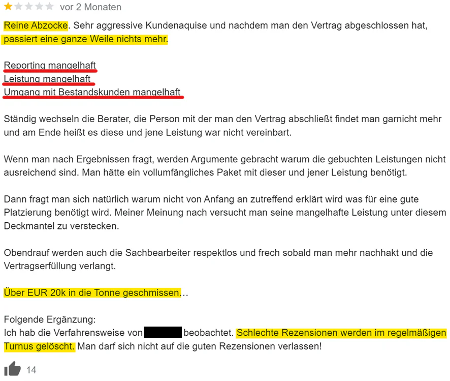 Vorsicht bei negativen Rezensionen bei SEO-Agenturen