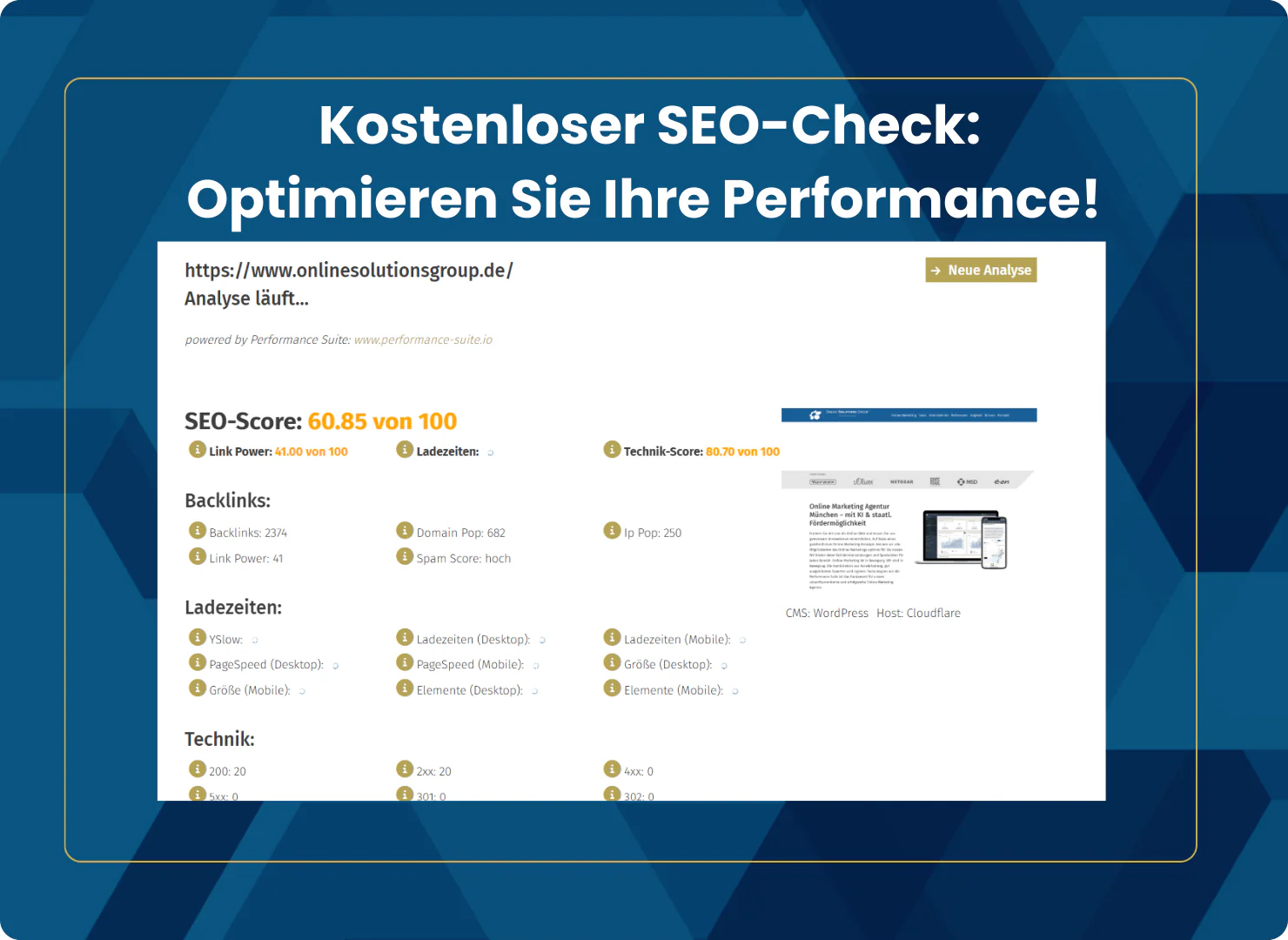 Mit dem kostenlosen Website-SEO-Check das Optimierungspotential Ihrer Seite entdecken.