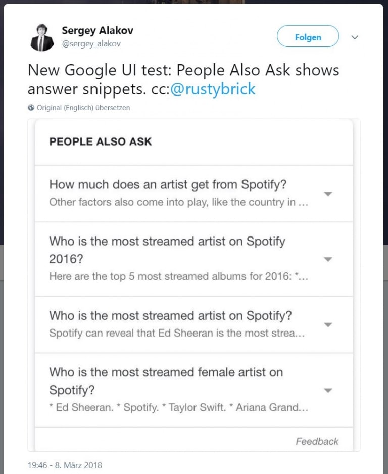 Screenshot der Post von Sergey Alakov zu Google People Also Ask Feature