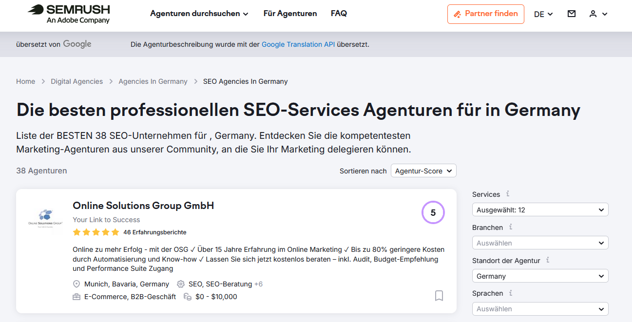 SemRush Beste SEO Agentur