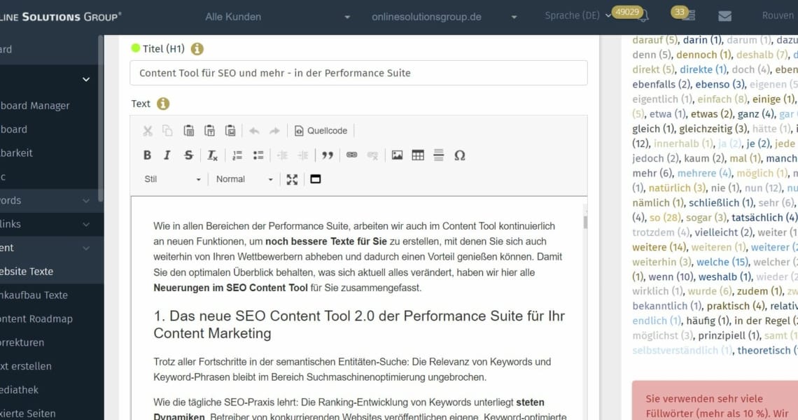 SEO Content Tool in der Performance Suite