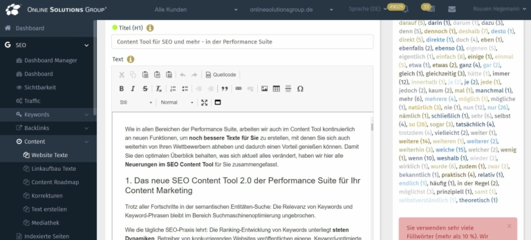 SEO Content Tool in der Performance Suite