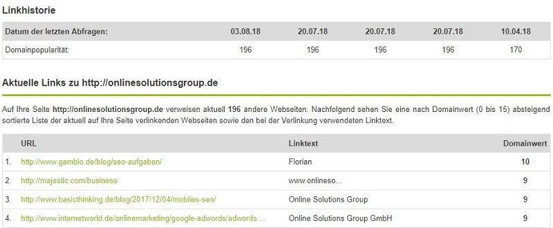 Ergebnisliste des Backlink Checker von SEO united mit Linkhistorie