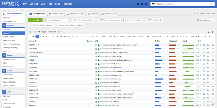 Screenshot aus dem Tool Sistrix mit Übersicht über Keywords, Position und URL