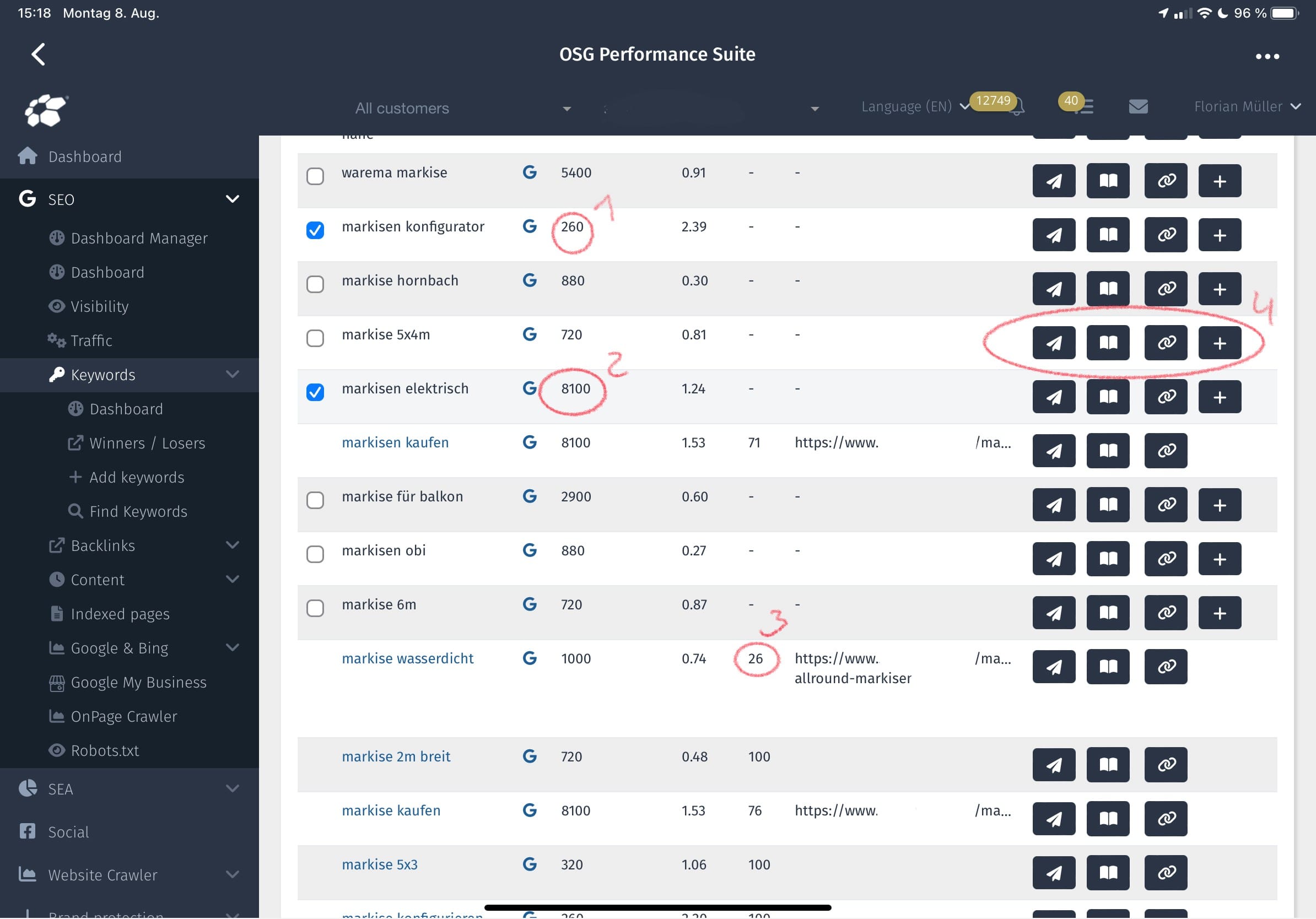 Verwandte Suchanfragen: Für jedes Keyword, das im Monitoring hinterlegt ist, erhalten Sie weitere Keyword-Vorschläge. Die Daten werden täglich bei Google geprüft und ergänzt. Auch ohne jegliches SEO Know-how kann der User weitere Keywords finden und ergänzen.